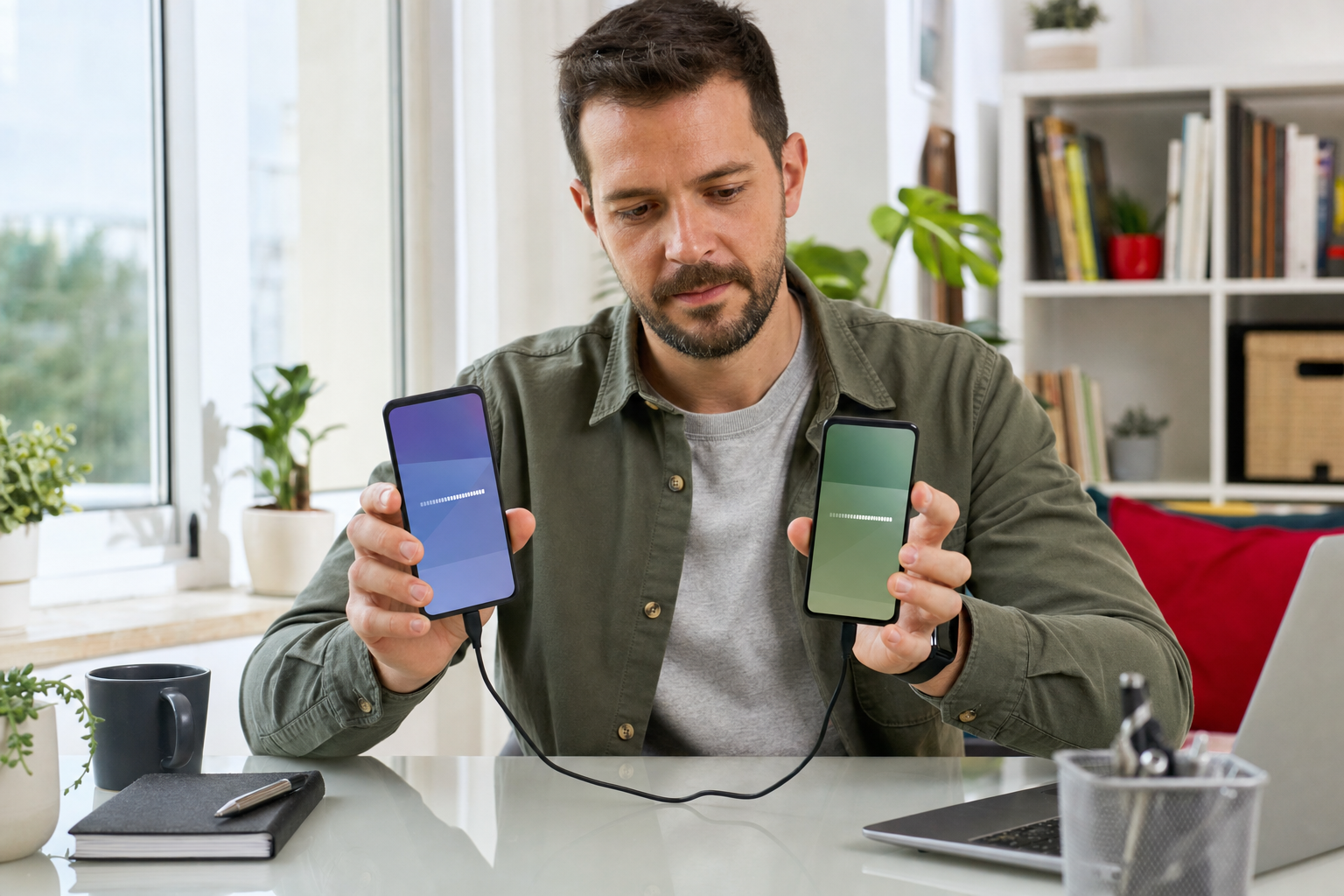 Korisnik povezuje dva generička Android telefona podatkovnim kabelom