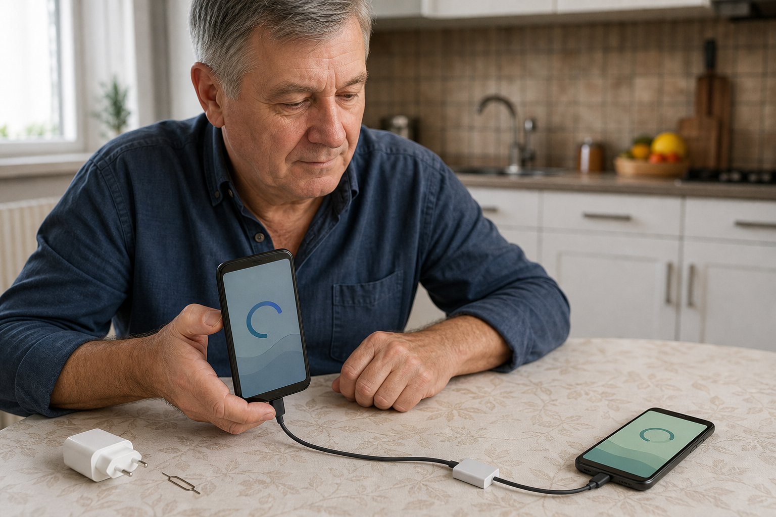 Korisnik povezuje generički iPhone i Android telefon kabelom i adapterom