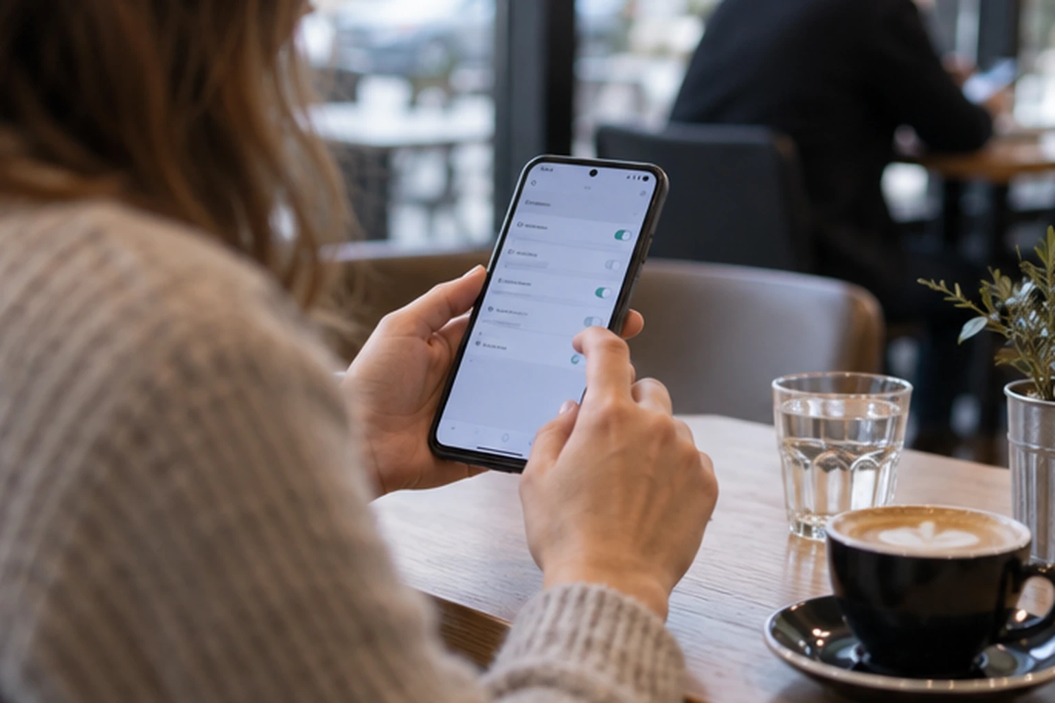 Osoba provjerava postavke obavijesti i privatnosti na mobitelu