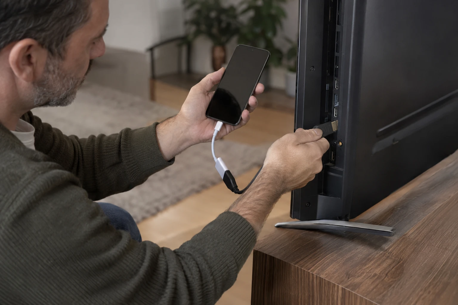 Osoba povezuje mobitel i HDMI priključak televizora kratkim videoadapterom