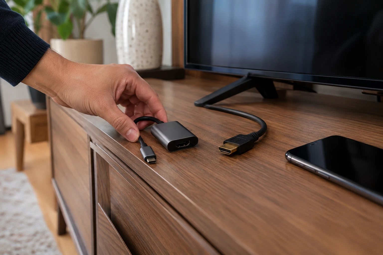 USB-C na HDMI adapter, HDMI kabel i mobitel na drvenom ormariću